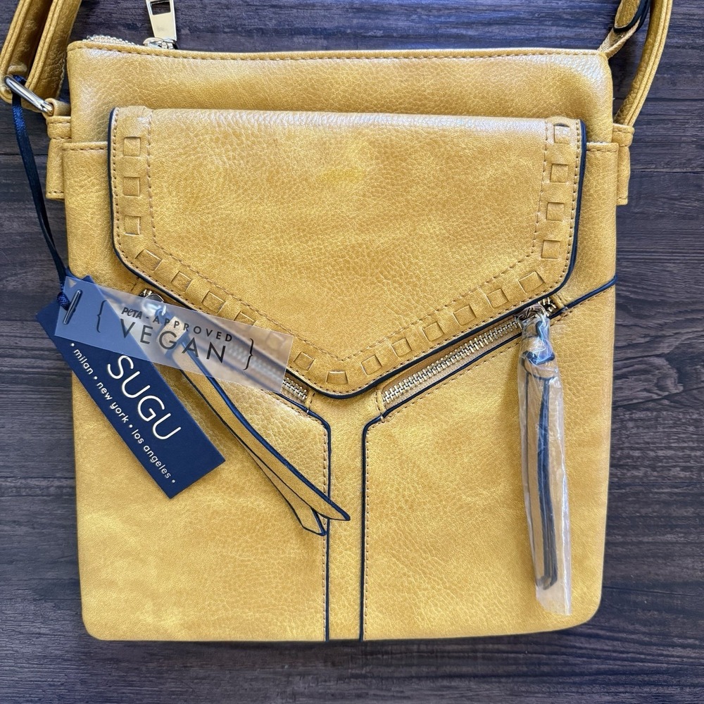 NWT SUGU Vegan Leather Crossbody Bag Mustard Yellow Whipstitch Messenger Purse